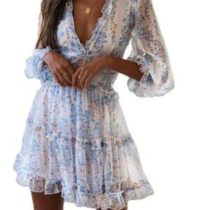 Women’s Deep V-Neck Ruffle Floral Flowy Mini Dress size small
